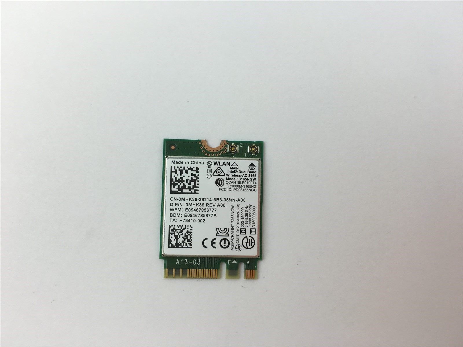 Dell 3165NGW Intel Dual Band WLAN Wifi Wireless +Bluetooth M.2 Card MHK36 0MHK36