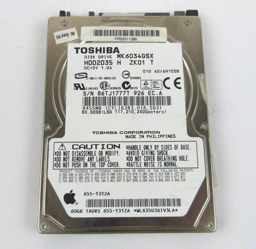 Toshiba 60GB 5400RPM 2.5" SATA Laptop Hard Drive MK6034GSX Apple 655-1312A