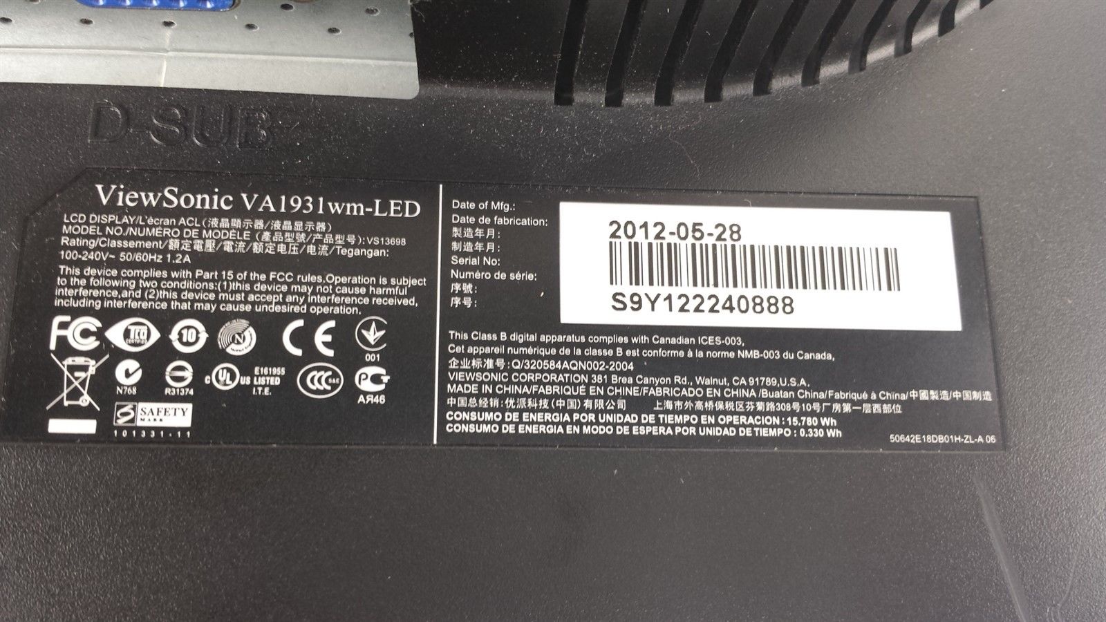 ViewSonic VA1931wm-LED LCD Computer Display Monitor 19" w/ Power & VGA Cord