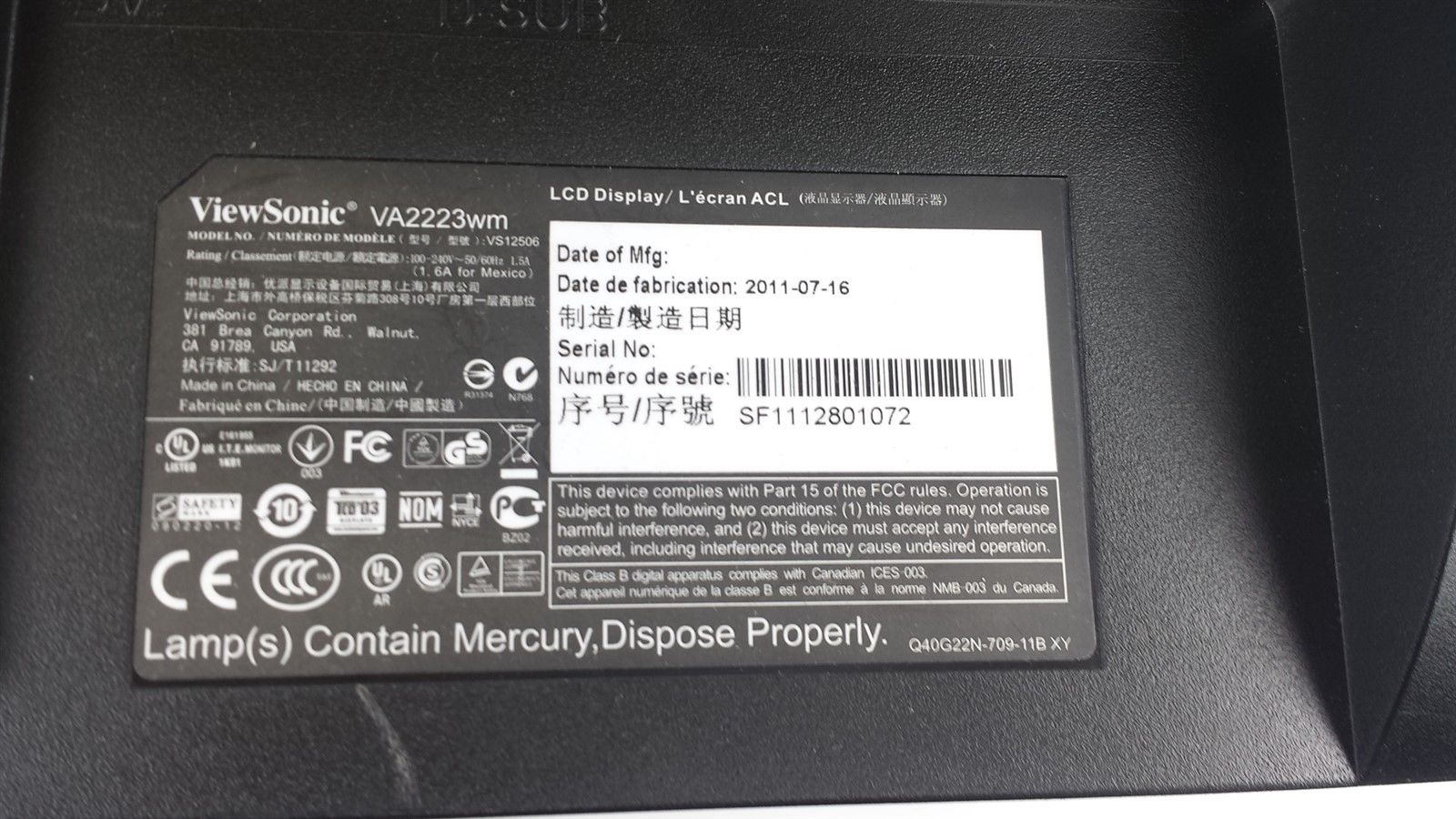 ViewSonic VA2223wm LCD FHD Computer Display Monitor 21.5" w/ Power & VGA Cord